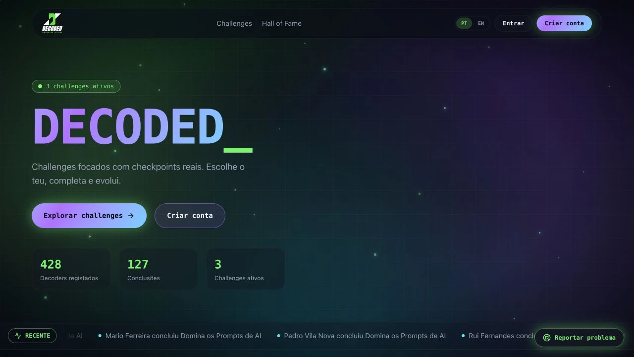 Captura real da página inicial de Decoded, fornecida por Pedro
