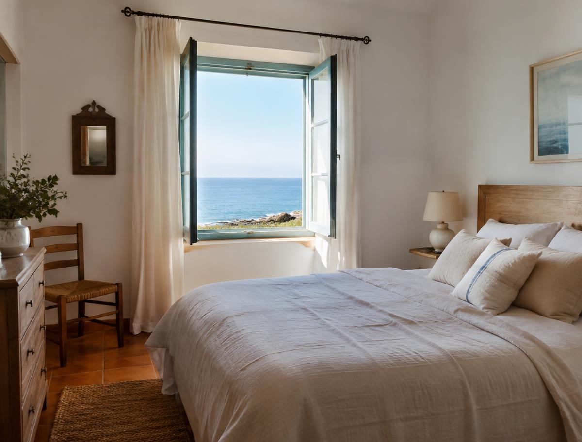 Quarto com cama de linho e janela aberta para o mar